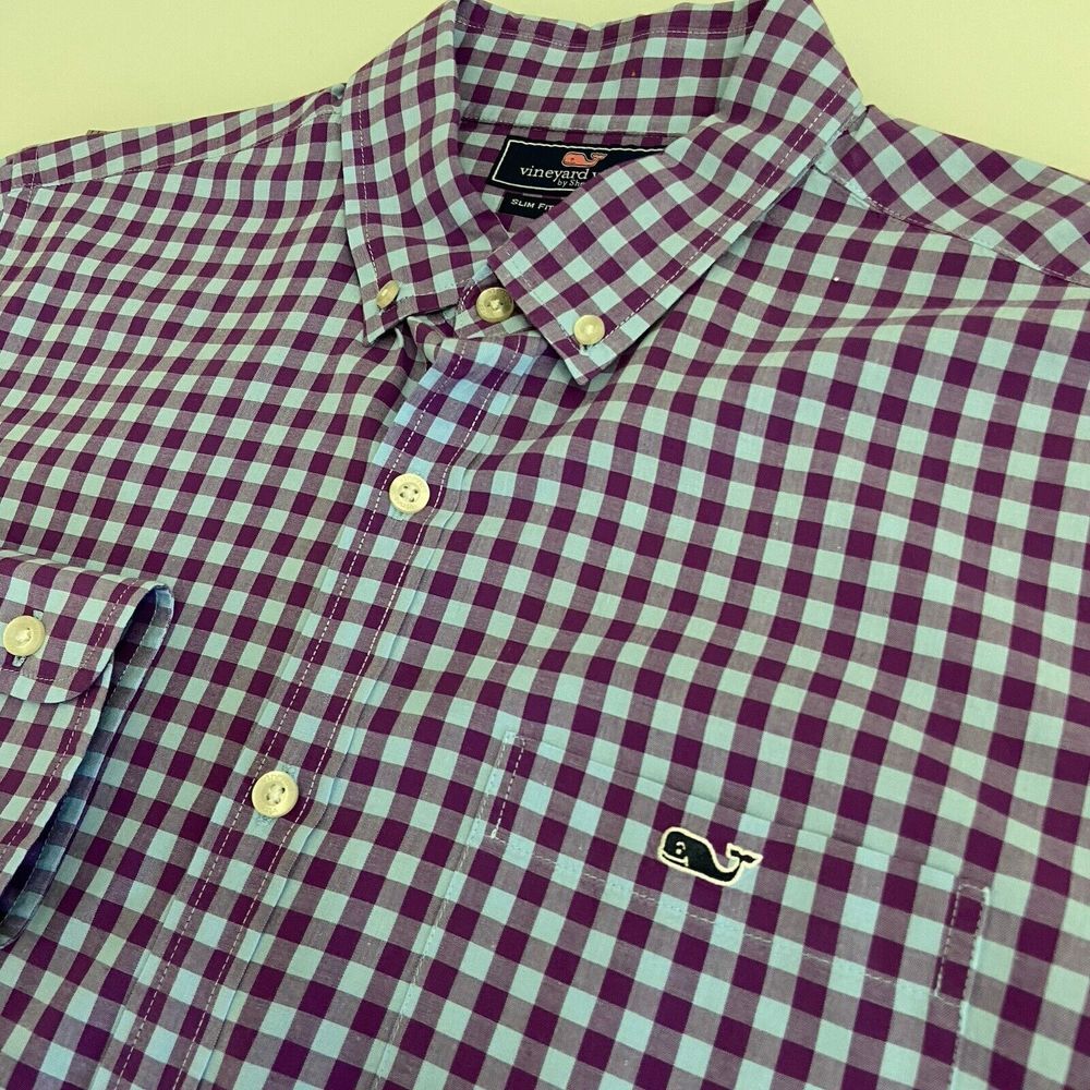 Vineyard Vines Shirt Men M Blue/Purple Plaid‎ Slim Fit Tucker Button Down READ